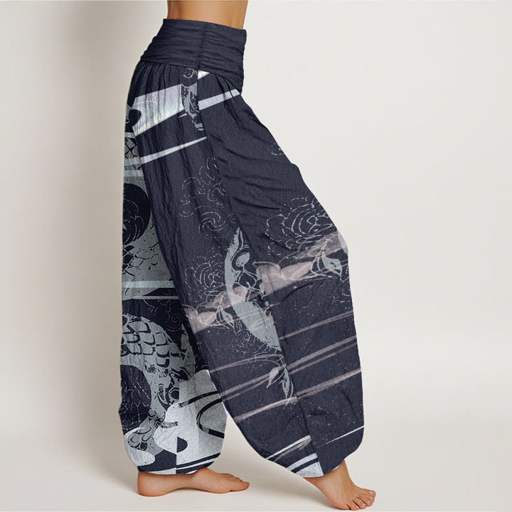 Buddha Stones Pure Cotton Auspicious Clouds With Snake Pattern Women's Elastic Waist Harem Pants