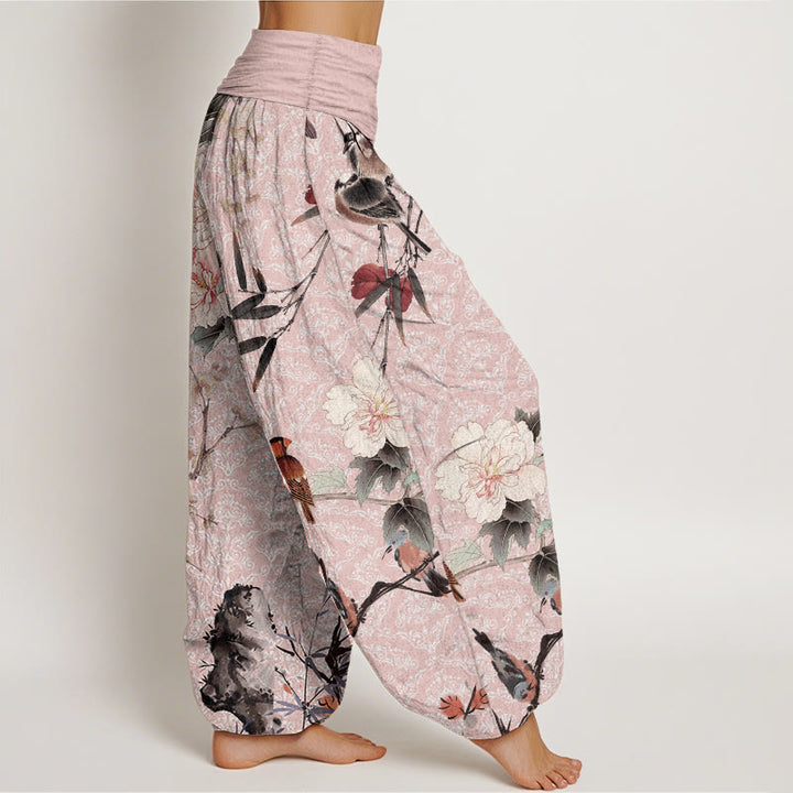Buddha Stones Pure Cotton Warbler Bird Blooming Flower Branches Mandala Pattern Women's Elastic Waist Harem Pants