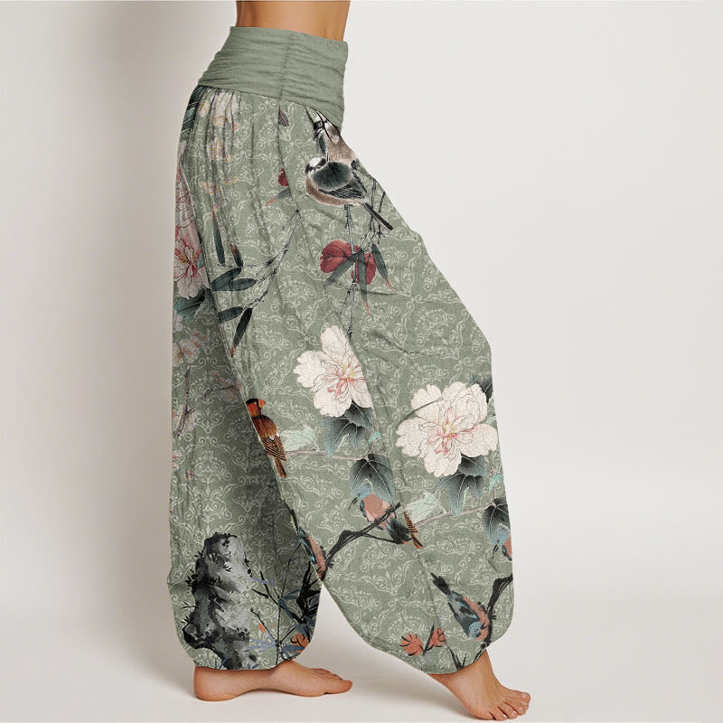 Buddha Stones Pure Cotton Warbler Bird Blooming Flower Branches Mandala Pattern Women's Elastic Waist Harem Pants