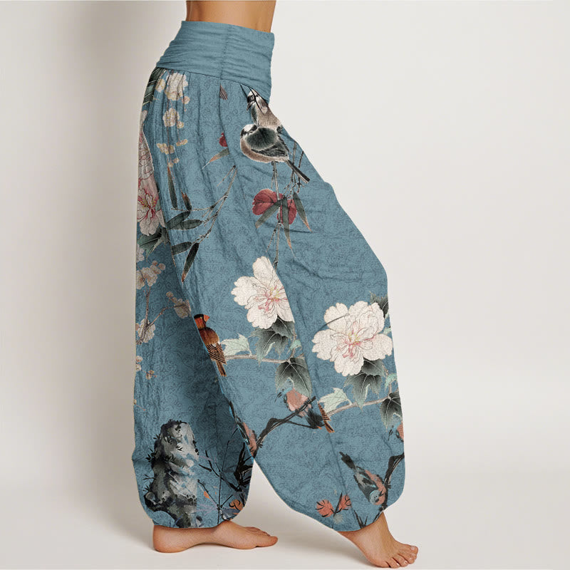 Buddha Stones Pure Cotton Warbler Bird Blooming Flower Branches Mandala Pattern Women's Elastic Waist Harem Pants