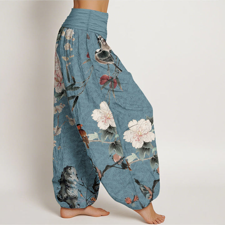 Buddha Stones Pure Cotton Warbler Bird Blooming Flower Branches Mandala Pattern Women's Elastic Waist Harem Pants