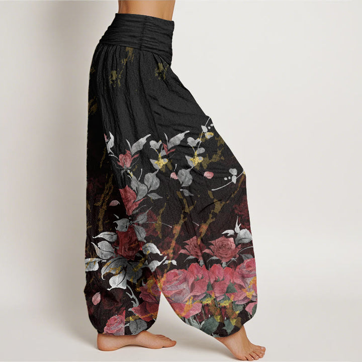 Buddha Stones Pure Cotton Blooming Roses Pattern Women's Elastic Waist Harem Pants