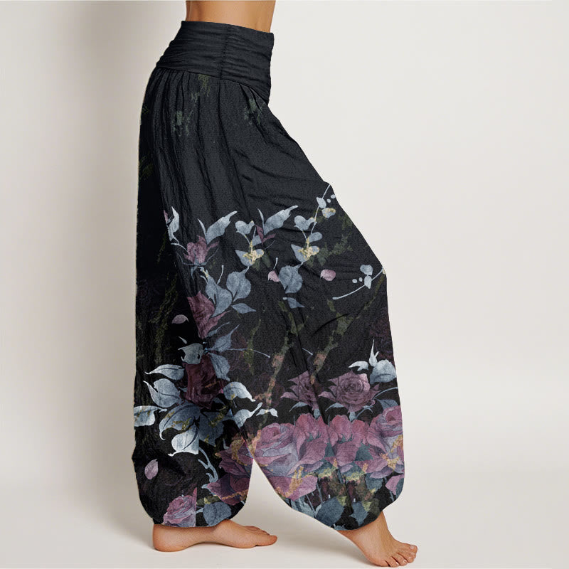 Buddha Stones Pure Cotton Blooming Roses Pattern Women's Elastic Waist Harem Pants