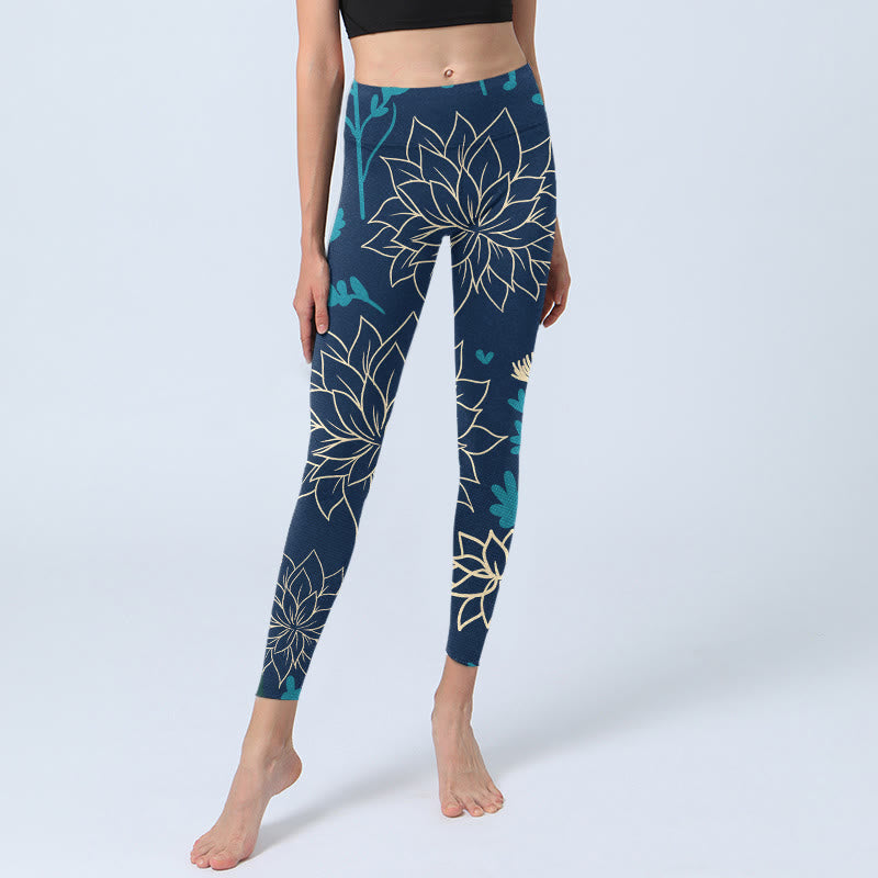 Buddha Stones Beige Flowers Blue Leaves Print Gym Leggings Women's Yoga Pants - image 5