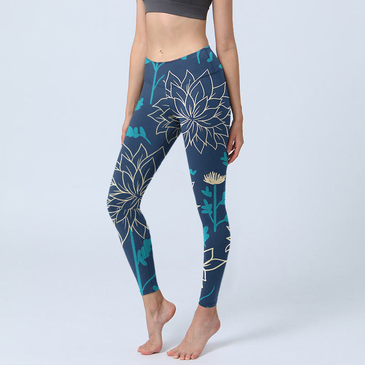 Buddha Stones Beige Flowers Blue Leaves Print Gym Leggings Women's Yoga Pants - SteelBlue - US18，UK/AU22，EU50 (4XL) - image 0