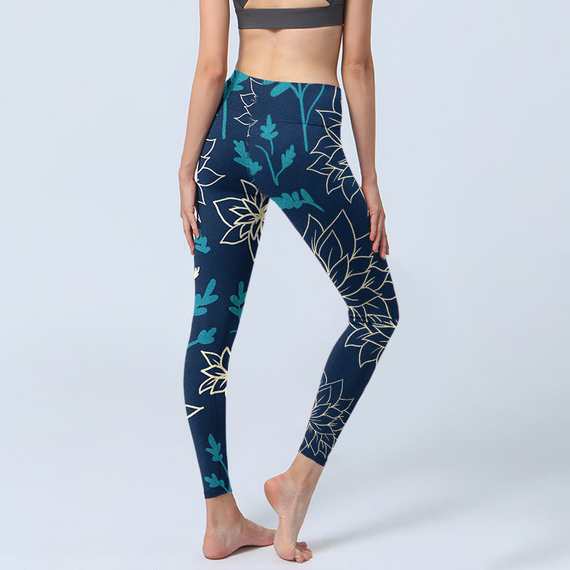 Buddha Stones Beige Flowers Blue Leaves Print Gym Leggings Women's Yoga Pants - image 4