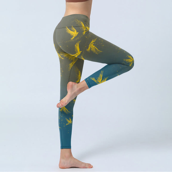 Buddha Stones Golden Flying Birds Print Gym Leggings Women's Yoga Pants - image 3