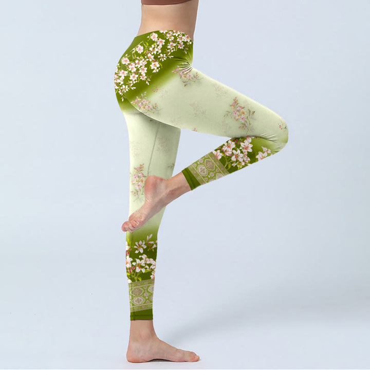Buddha Stones Pink Flowers Green Leaves Print Gym Leggings Women's Yoga Pants - image 3