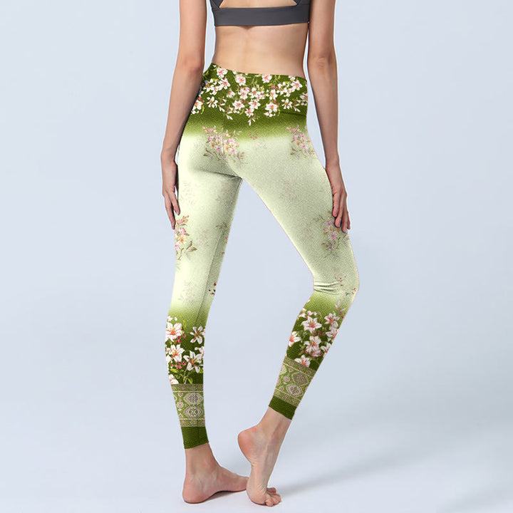 Buddha Stones Pink Flowers Green Leaves Print Gym Leggings Women's Yoga Pants - image 4
