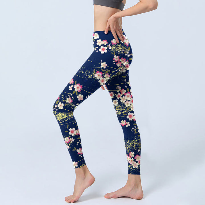 Buddha Stones Pink Magenta Flowers Green Leaves Print Gym Leggings Women's Yoga Pants - image 2