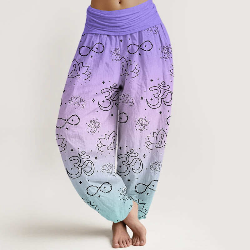 Buddha Stones OM Symbol Lotus Meditating Figure Infinity Pattern Women's Elastic Waist Harem Pants - SlateBlue - US22，UK/AU26，EU54 (6XL) - image 1