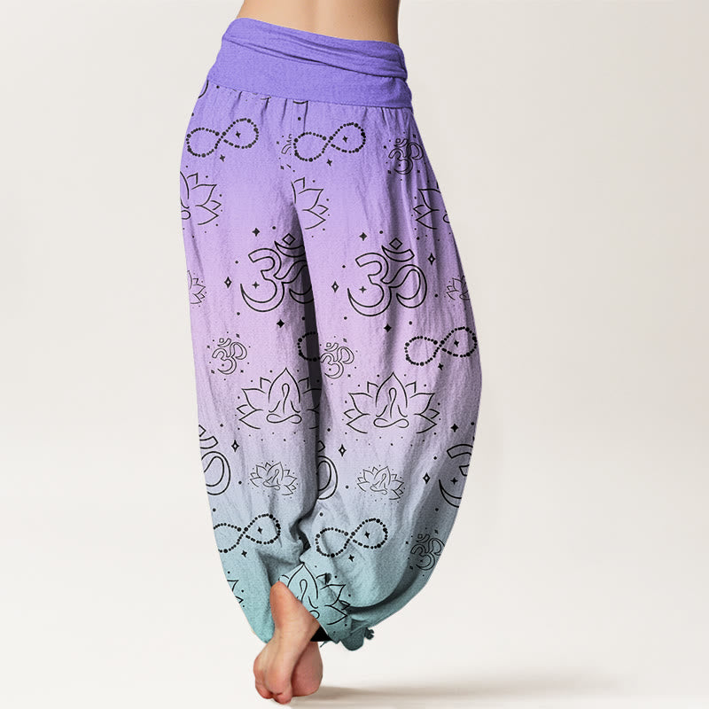 Buddha Stones OM Symbol Lotus Meditating Figure Infinity Pattern Women's Elastic Waist Harem Pants - image 2