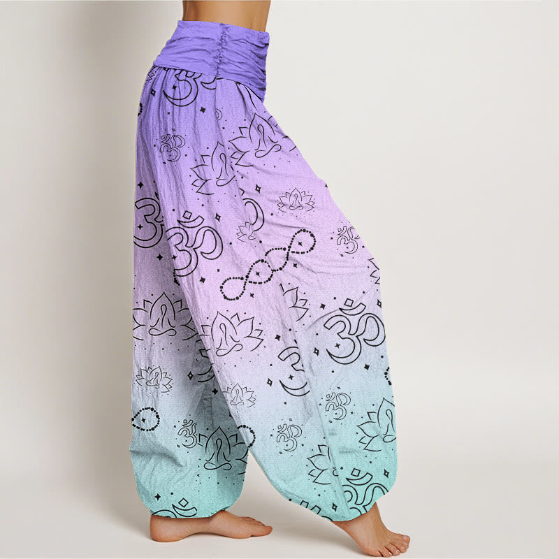 Buddha Stones OM Symbol Lotus Meditating Figure Infinity Pattern Women's Elastic Waist Harem Pants - image 3