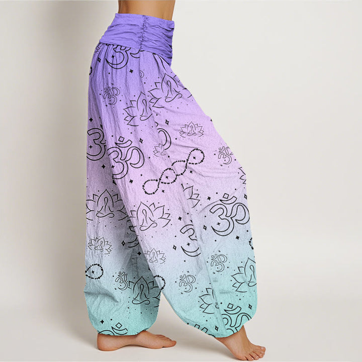 Buddha Stones OM Symbol Lotus Meditating Figure Infinity Pattern Women's Elastic Waist Harem Pants - image 3