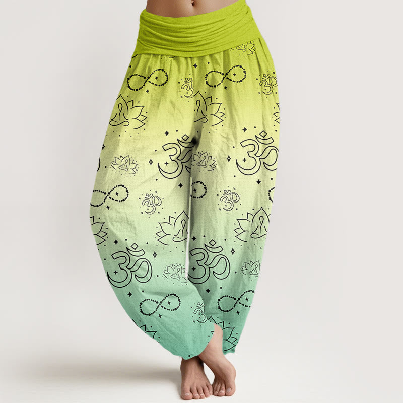 Buddha Stones OM Symbol Lotus Meditating Figure Infinity Pattern Women's Elastic Waist Harem Pants - GreenYellow - US22，UK/AU26，EU54 (6XL) - image 4