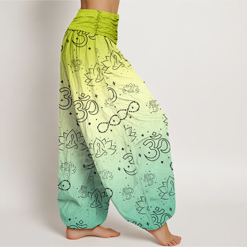 Buddha Stones OM Symbol Lotus Meditating Figure Infinity Pattern Women's Elastic Waist Harem Pants - image 7
