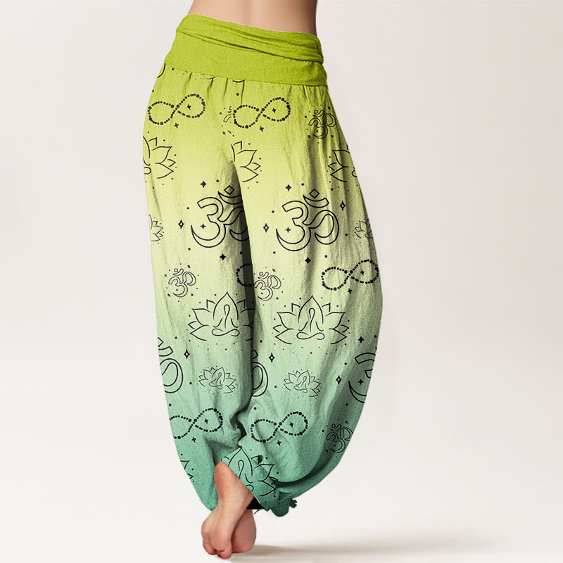 Buddha Stones OM Symbol Lotus Meditating Figure Infinity Pattern Women's Elastic Waist Harem Pants - image 6