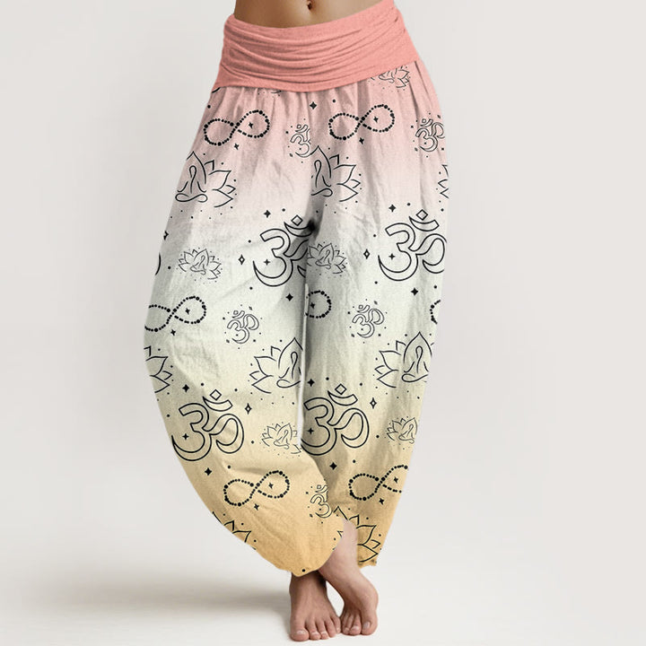 Buddha Stones OM Symbol Lotus Meditating Figure Infinity Pattern Women's Elastic Waist Harem Pants - Beige - US22，UK/AU26，EU54 (6XL) - image 8