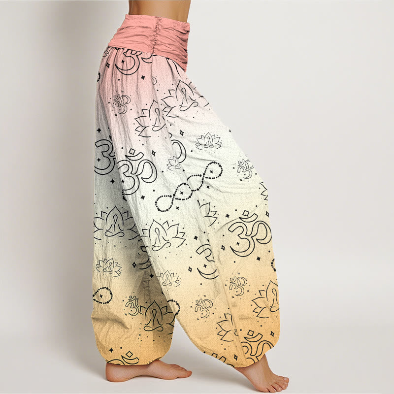 Buddha Stones OM Symbol Lotus Meditating Figure Infinity Pattern Women's Elastic Waist Harem Pants - image 10