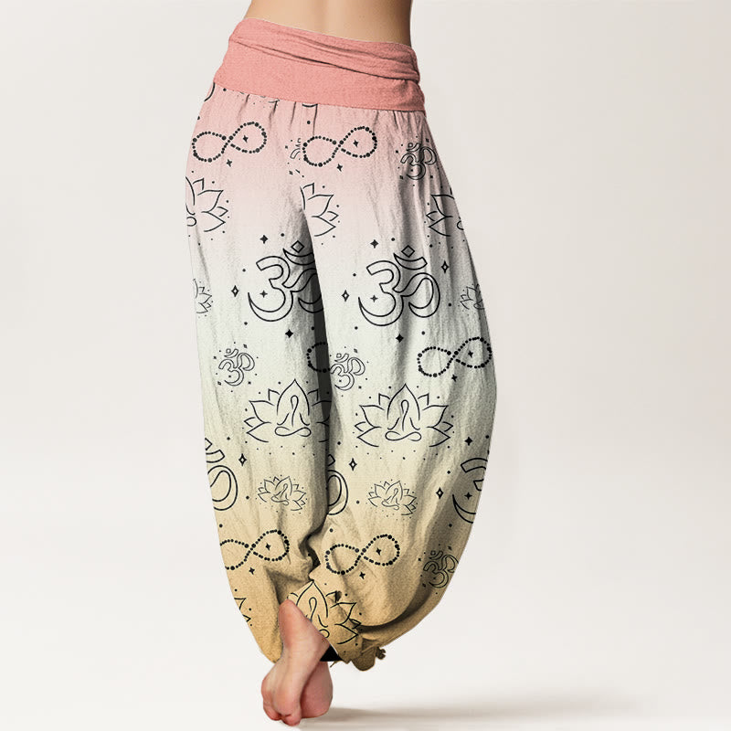 Buddha Stones OM Symbol Lotus Meditating Figure Infinity Pattern Women's Elastic Waist Harem Pants - image 9