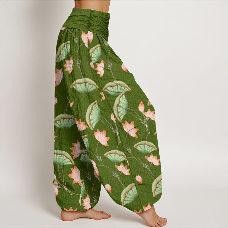 Buddha Stones Pink Lotus Flowers Lush Green Leaves Pattern Women's Elastic Waist Harem Pants - image 2