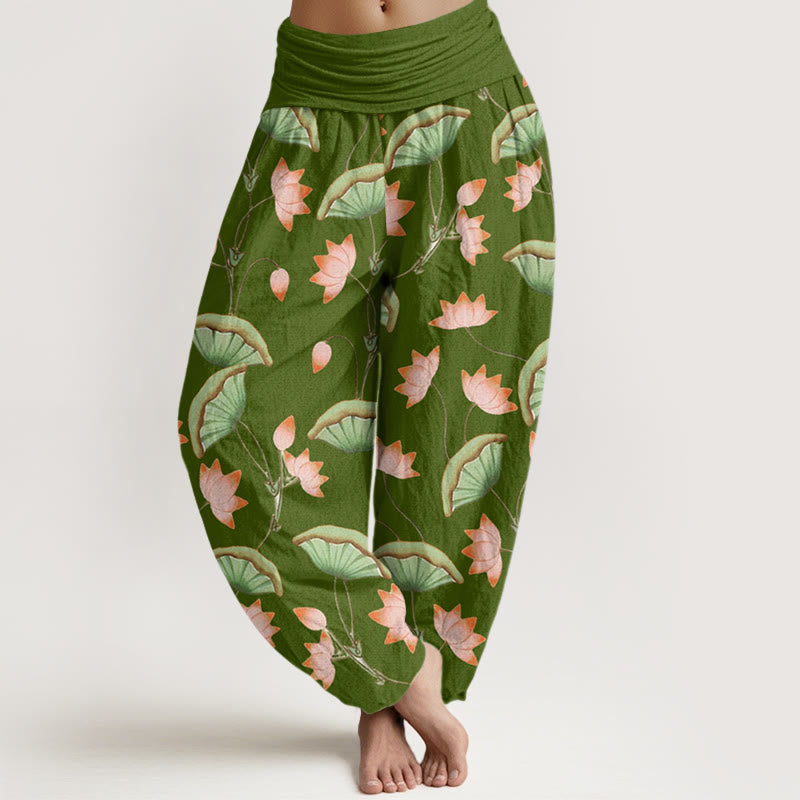 Buddha Stones Cotton Pink Lotus Flowers Lush Green Leaves Pattern Women's Elastic Waist Harem Pants - OliveDrab - US22，UK/AU26，EU54 (6XL) - image 0