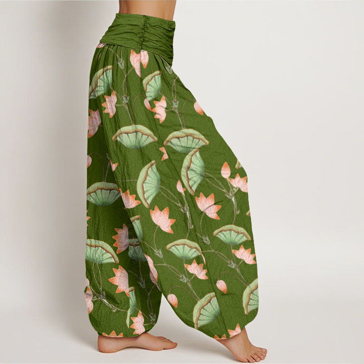 Buddha Stones Cotton Pink Lotus Flowers Lush Green Leaves Pattern Women's Elastic Waist Harem Pants - image 2