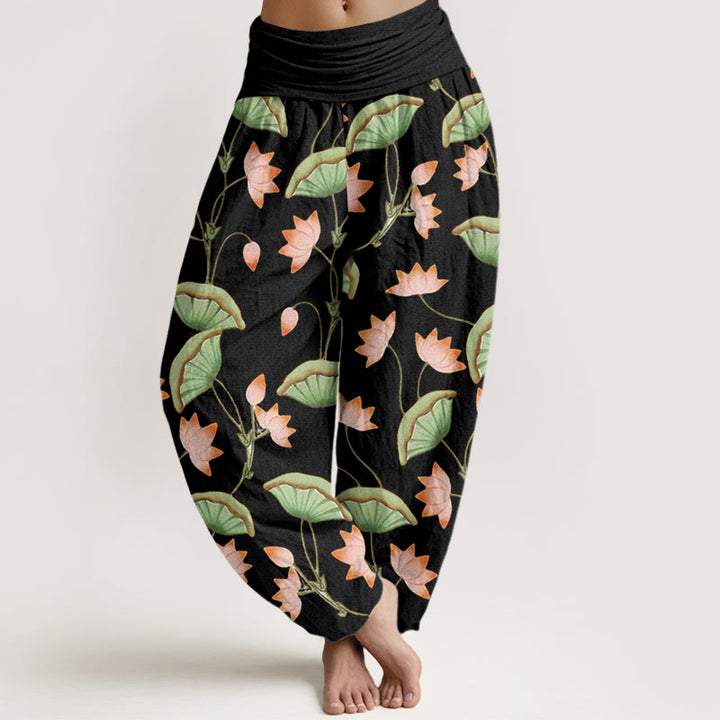 Buddha Stones Cotton Pink Lotus Flowers Lush Green Leaves Pattern Women's Elastic Waist Harem Pants - Black - US22，UK/AU26，EU54 (6XL) - image 4