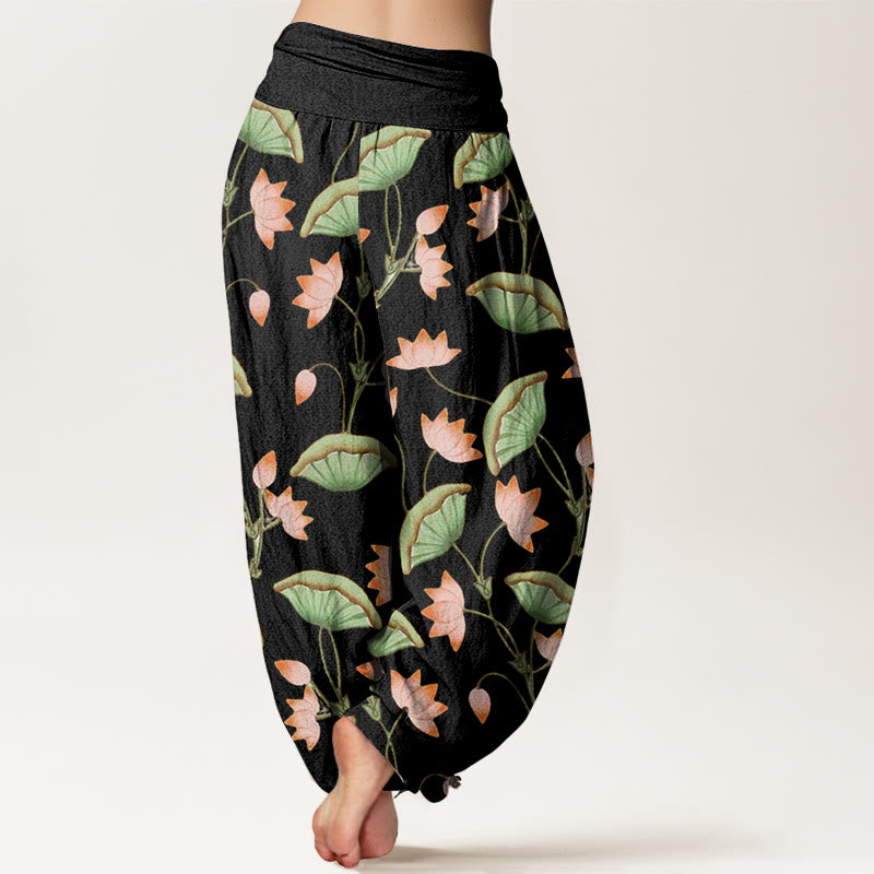 Buddha Stones Pink Lotus Flowers Lush Green Leaves Pattern Women's Elastic Waist Harem Pants - image 5