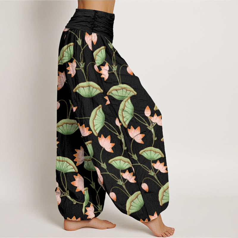 Buddha Stones Pink Lotus Flowers Lush Green Leaves Pattern Women's Elastic Waist Harem Pants - image 6