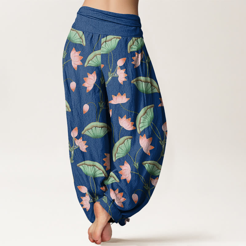 Buddha Stones Pink Lotus Flowers Lush Green Leaves Pattern Women's Elastic Waist Harem Pants - image 9