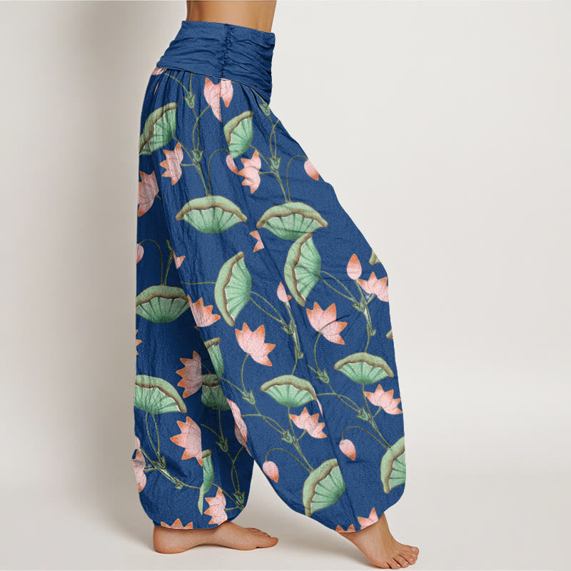 Buddha Stones Pink Lotus Flowers Lush Green Leaves Pattern Women's Elastic Waist Harem Pants - image 10