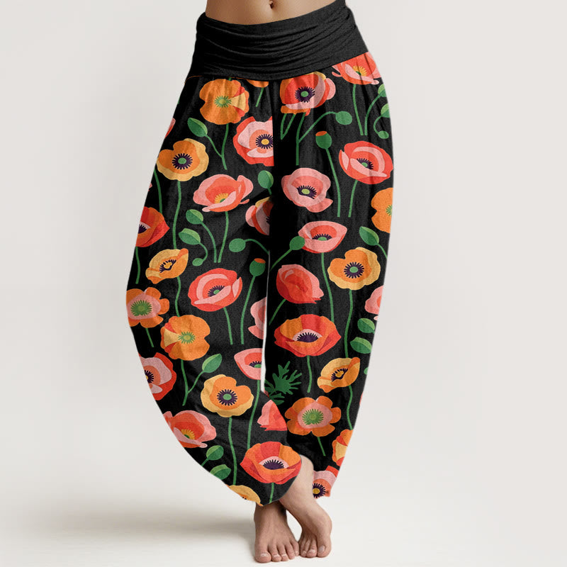 Buddha Stones Red Orange Flowers Pattern Women's Elastic Waist Harem Pants - Black - US22，UK/AU26，EU54 (6XL) - image 0