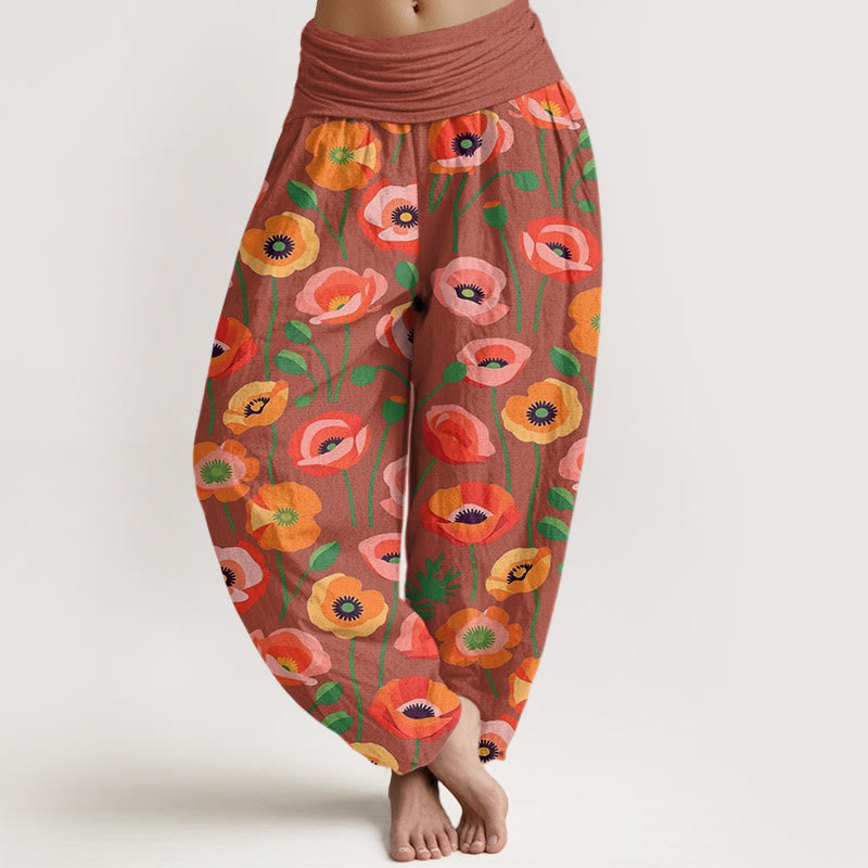 Buddha Stones Red Orange Flowers Pattern Women's Elastic Waist Harem Pants - LightCoral - US22，UK/AU26，EU54 (6XL) - image 4