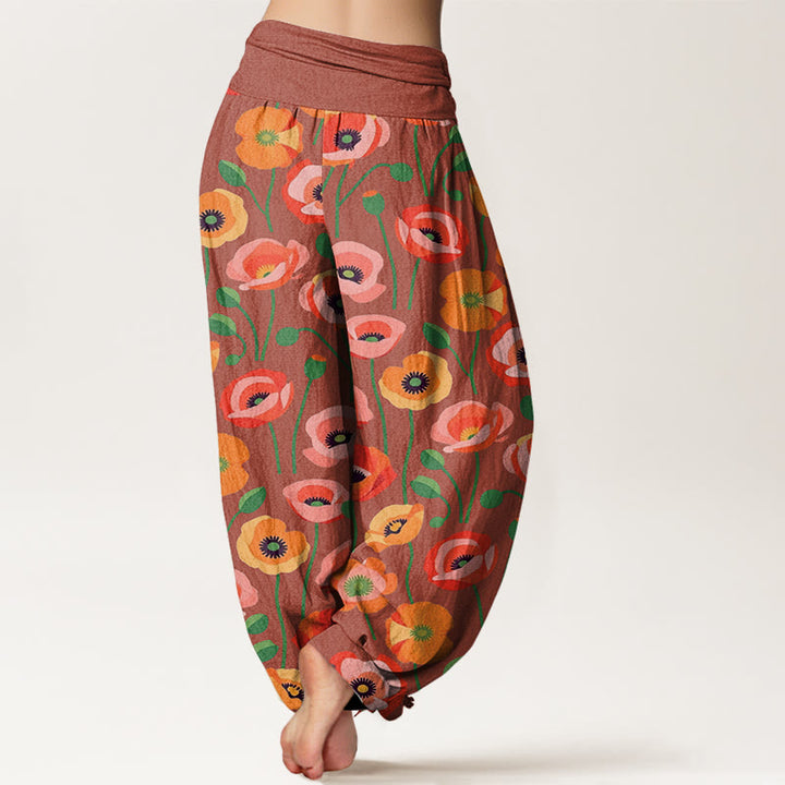 Buddha Stones Red Orange Flowers Pattern Women's Elastic Waist Harem Pants - image 6