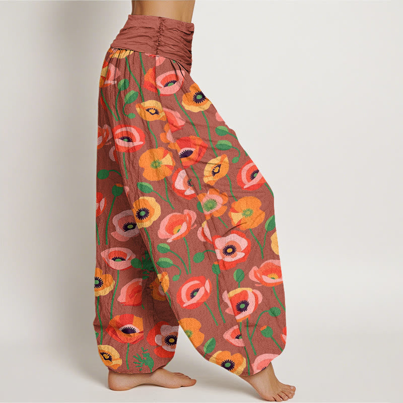 Buddha Stones Red Orange Flowers Pattern Women's Elastic Waist Harem Pants - image 7