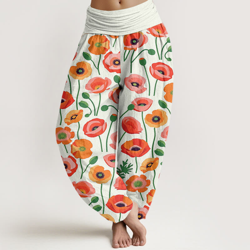 Buddha Stones Red Orange Flowers Pattern Women's Elastic Waist Harem Pants - Beige - US22，UK/AU26，EU54 (6XL) - image 7
