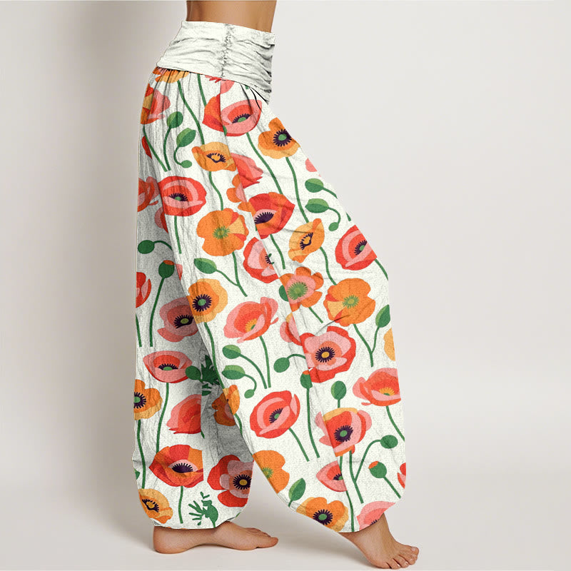 Buddha Stones Red Orange Flowers Pattern Women's Elastic Waist Harem Pants - image 9
