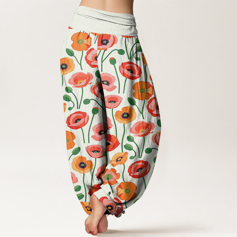 Buddha Stones Red Orange Flowers Pattern Women's Elastic Waist Harem Pants - image 8