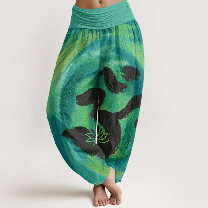 Buddha Stones OM Symbol Lotus Flower Pattern Women's Elastic Waist Harem Pants - LightSeaGreen - US22，UK/AU26，EU54 (6XL) - image 1