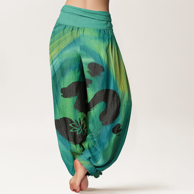 Buddha Stones OM Symbol Lotus Flower Pattern Women's Elastic Waist Harem Pants - image 1