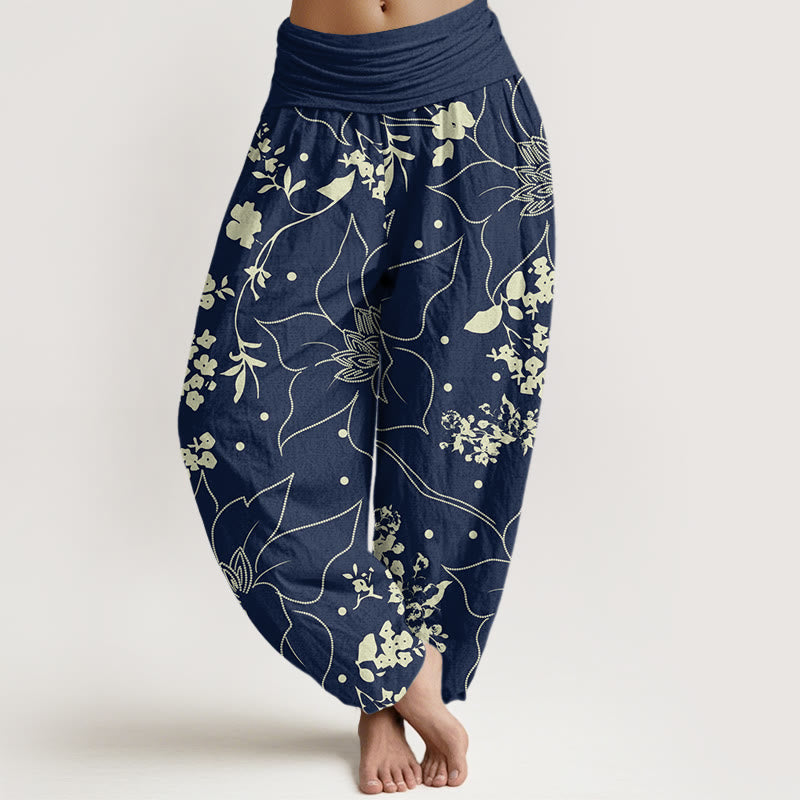Buddha Stones Beige Large Petal Flowers Blossoms Pattern Women's Elastic Waist Harem Pants - SteelBlue - US22，UK/AU26，EU54 (6XL) - image 1