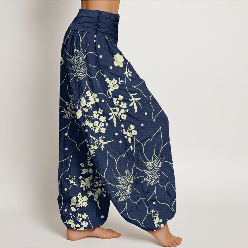 Buddha Stones Beige Large Petal Flowers Blossoms Pattern Women's Elastic Waist Harem Pants - image 3