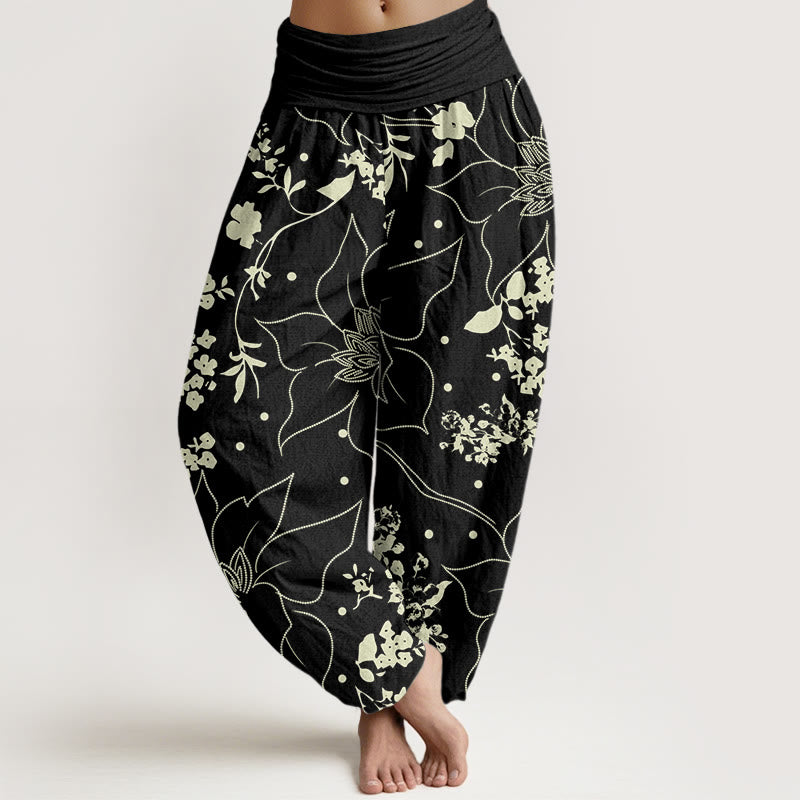 Buddha Stones Beige Large Petal Flowers Blossoms Pattern Women's Elastic Waist Harem Pants - Black - US22，UK/AU26，EU54 (6XL) - image 4