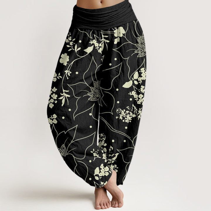Buddha Stones Cotton Beige Large Petal Flowers Blossoms Pattern Women's Elastic Waist Harem Pants - Black - US22，UK/AU26，EU54 (6XL) - image 4
