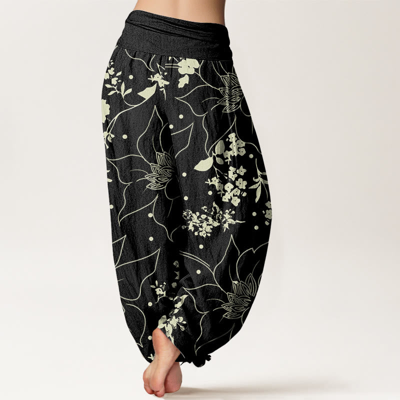 Buddha Stones Beige Large Petal Flowers Blossoms Pattern Women's Elastic Waist Harem Pants - image 5