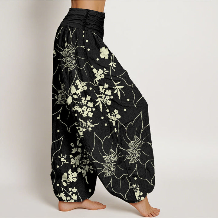 Buddha Stones Beige Large Petal Flowers Blossoms Pattern Women's Elastic Waist Harem Pants - image 7
