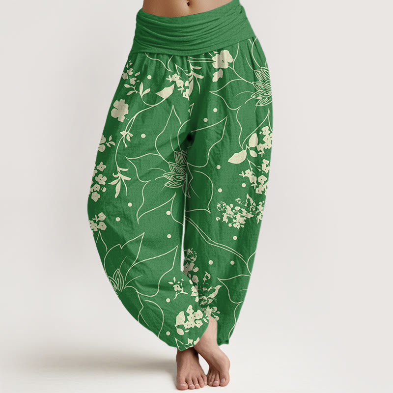 Buddha Stones Cotton Beige Large Petal Flowers Blossoms Pattern Women's Elastic Waist Harem Pants - SeaGreen - US22，UK/AU26，EU54 (6XL) - image 7