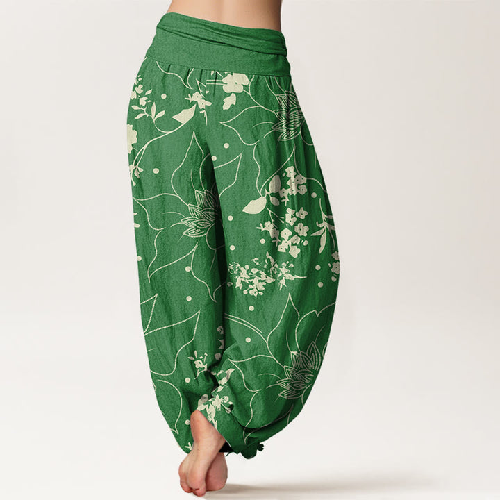 Buddha Stones Cotton Beige Large Petal Flowers Blossoms Pattern Women's Elastic Waist Harem Pants - image 8