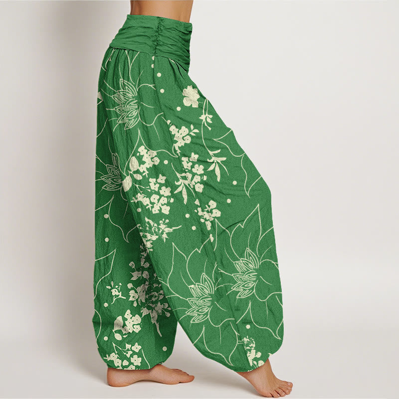 Buddha Stones Cotton Beige Large Petal Flowers Blossoms Pattern Women's Elastic Waist Harem Pants - image 9